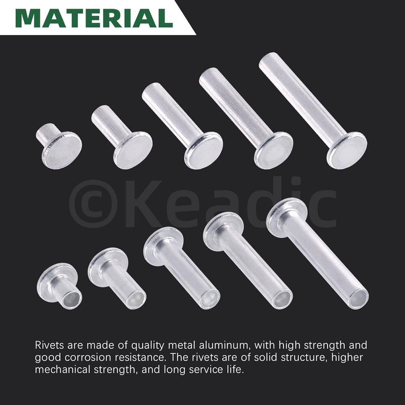 Keadic 201Pcs M5 Aluminum Flat Head Semi-Tubular Rivets Assortment Set, M5 x 6/12/20/25/30mm Silver Tone Metal Stud Fasteners for Leather Household Automobile Industry - Image 3